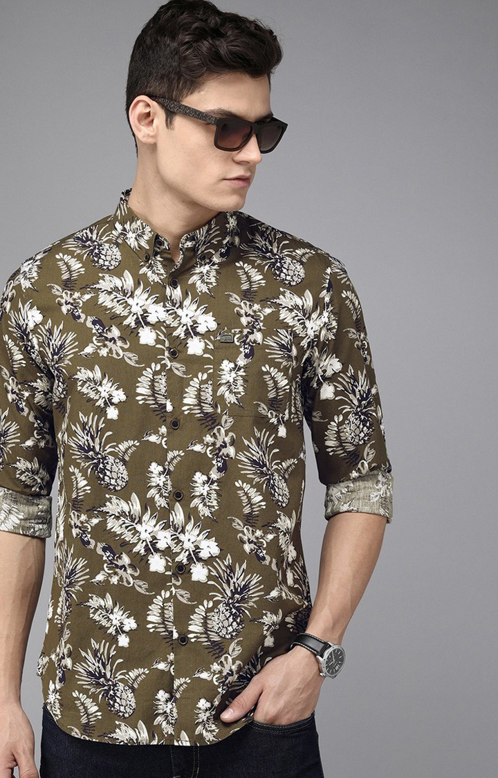 Men's Green Cotton Floral Casual Shirt
