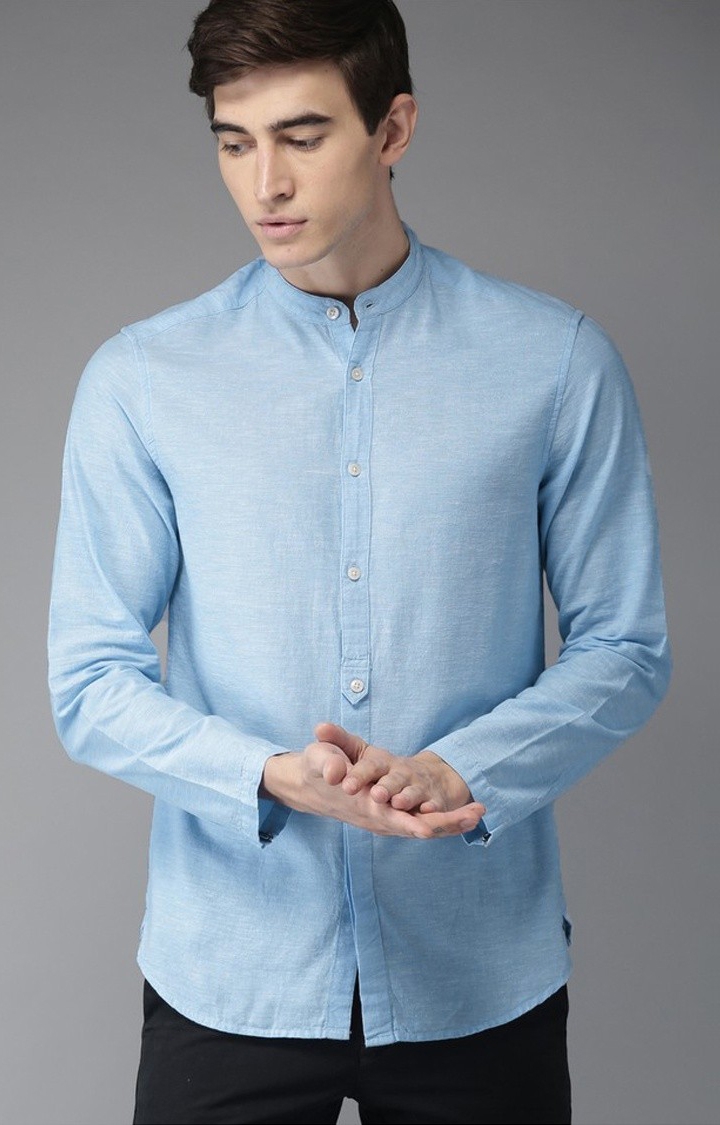 The Bear House | Men's Blue Cotton Melange Texture Casual Shirt 0