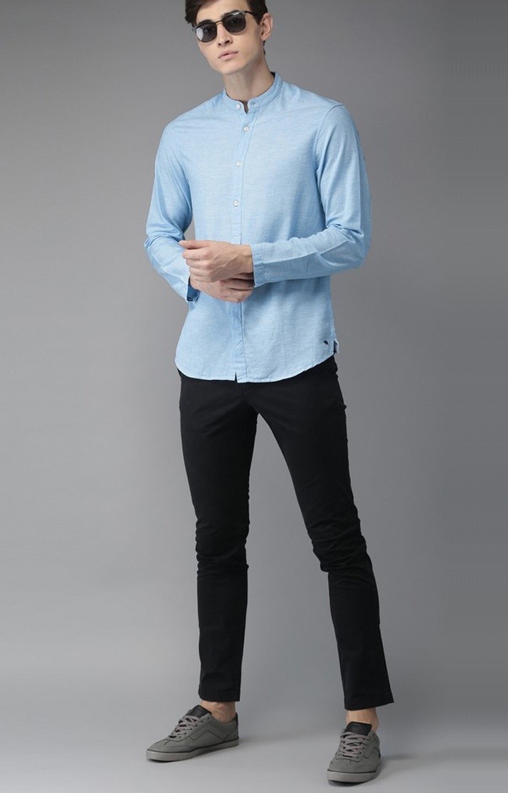The Bear House | Men's Blue Cotton Melange Texture Casual Shirt 1