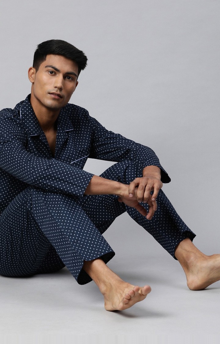 The Bear House | Men's Blue Printed Night-Suit 1