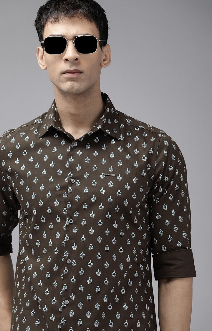 The Bear House | Men's Brown Cotton Printed Casual Shirt 0