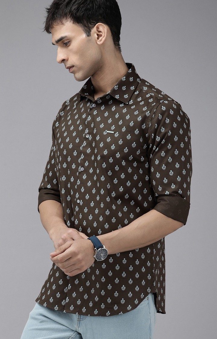 The Bear House | Men's Brown Cotton Printed Casual Shirt 1
