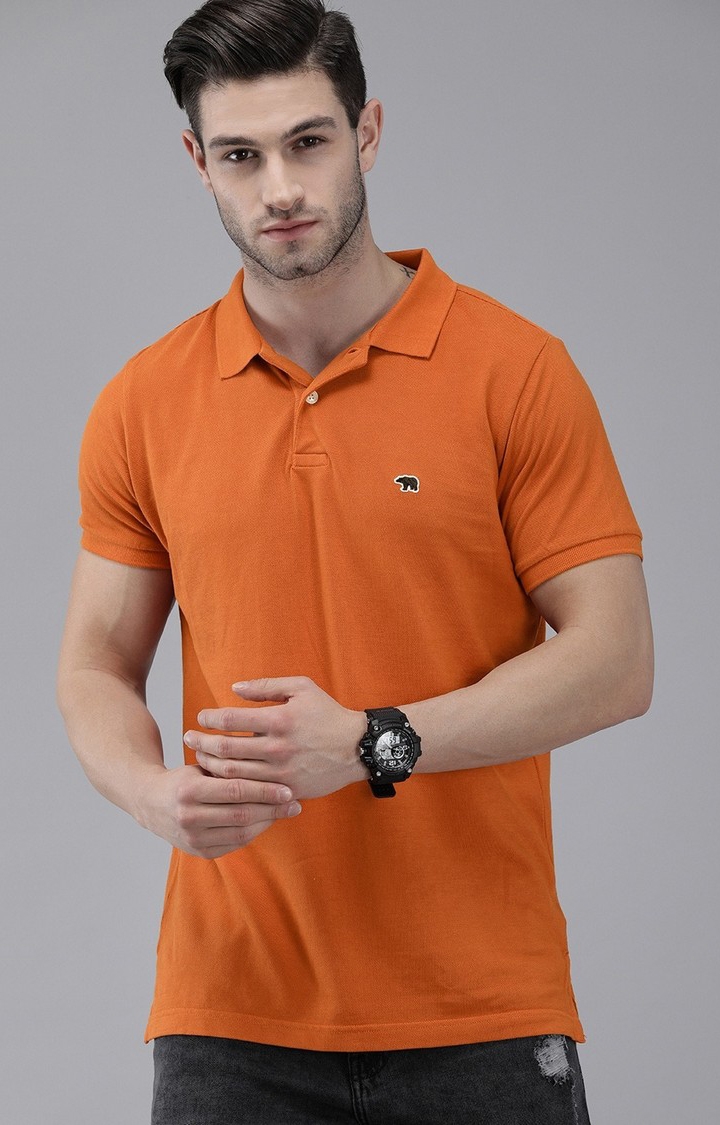 Men's Orange Cotton Solid Polo T-shirt