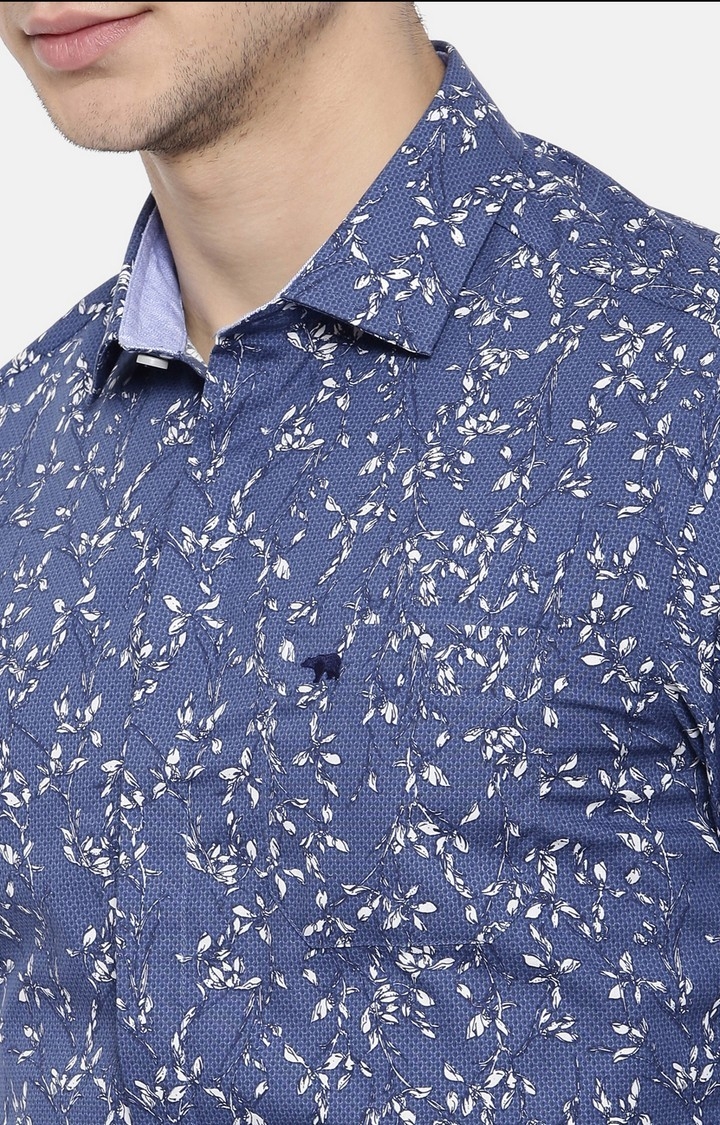 The Bear House | Men's Blue Cotton Floral Formal Shirt 4