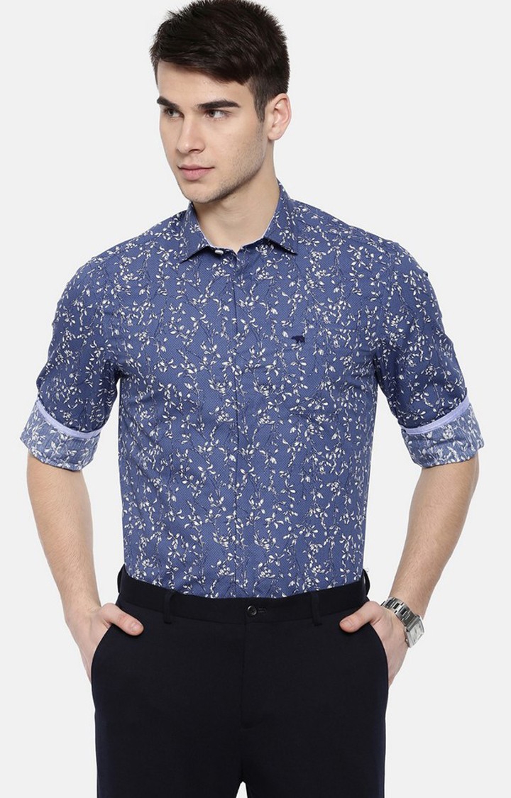 The Bear House | Men's Blue Cotton Floral Formal Shirt 0
