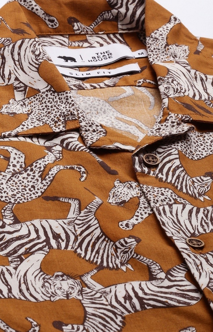 The Bear House | Men's Brown Cotton Printed Casual Shirt 4