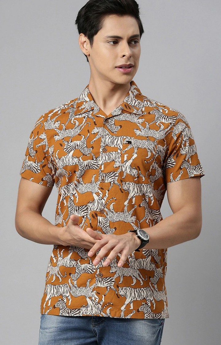 The Bear House | Men's Brown Cotton Printed Casual Shirt 0