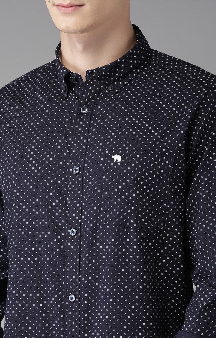 The Bear House | Men's Navy Blue Cotton Printed Casual Shirt 4