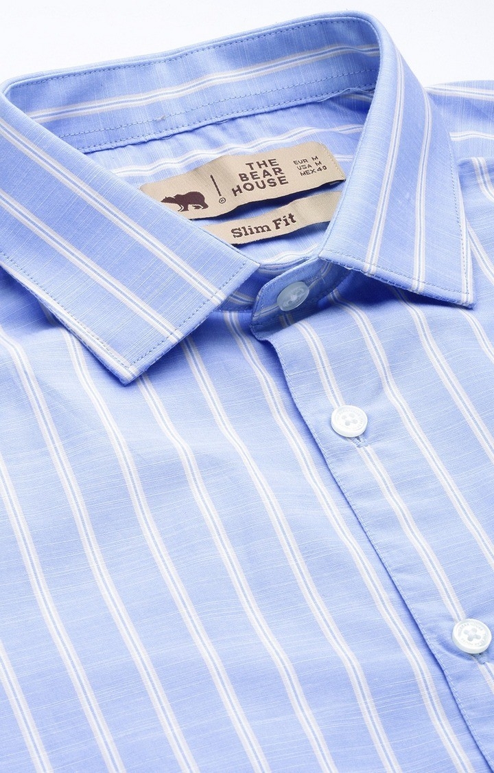 The Bear House | Men's Blue Cotton Striped Formal Shirt 4