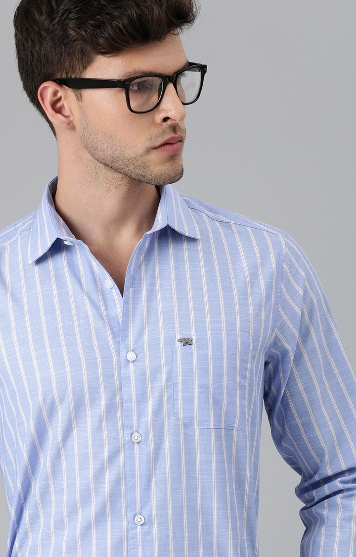 The Bear House | Men's Blue Cotton Striped Formal Shirt 3