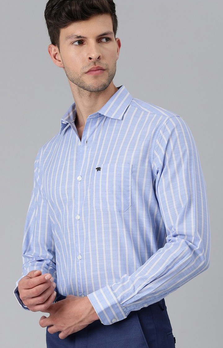 The Bear House | Men's Blue Cotton Striped Formal Shirt 0