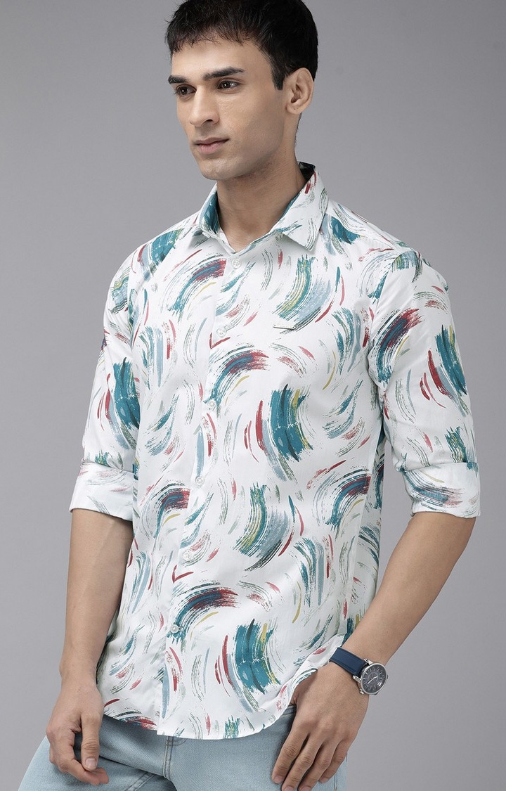 The Bear House | Men's White Cotton Printed Casual Shirt 0