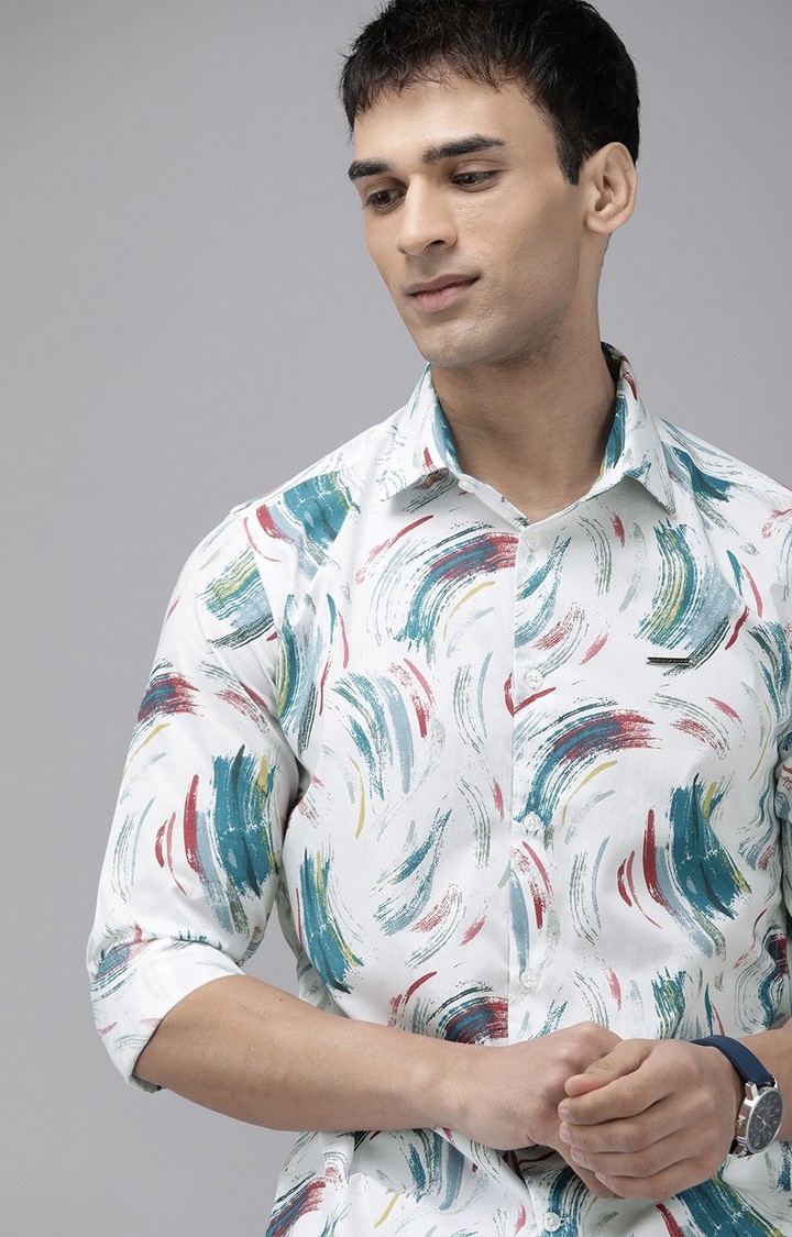 The Bear House | Men's White Cotton Printed Casual Shirt 1