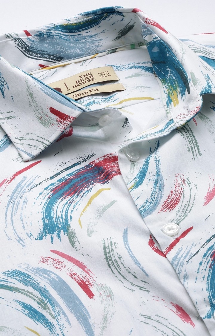 The Bear House | Men's White Cotton Printed Casual Shirt 3