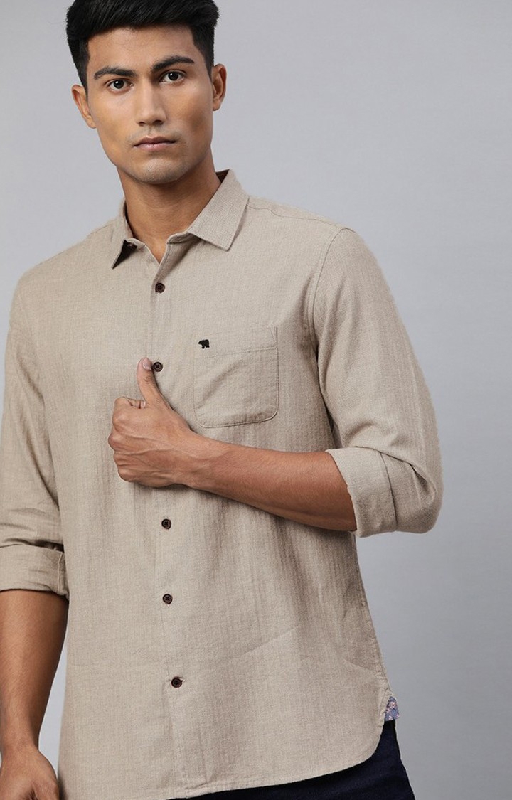 The Bear House | Men's Beige Cotton Textured Casual Shirt 0