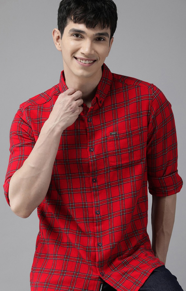 Men's Red Cotton Checked Casual Shirt