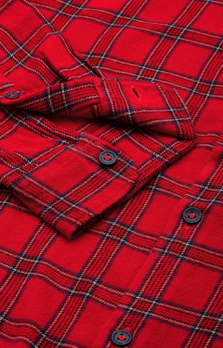 Men's Red Cotton Checked Casual Shirt