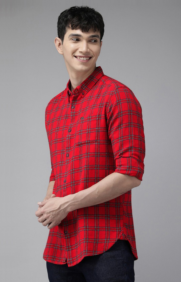 Men's Red Cotton Checked Casual Shirt