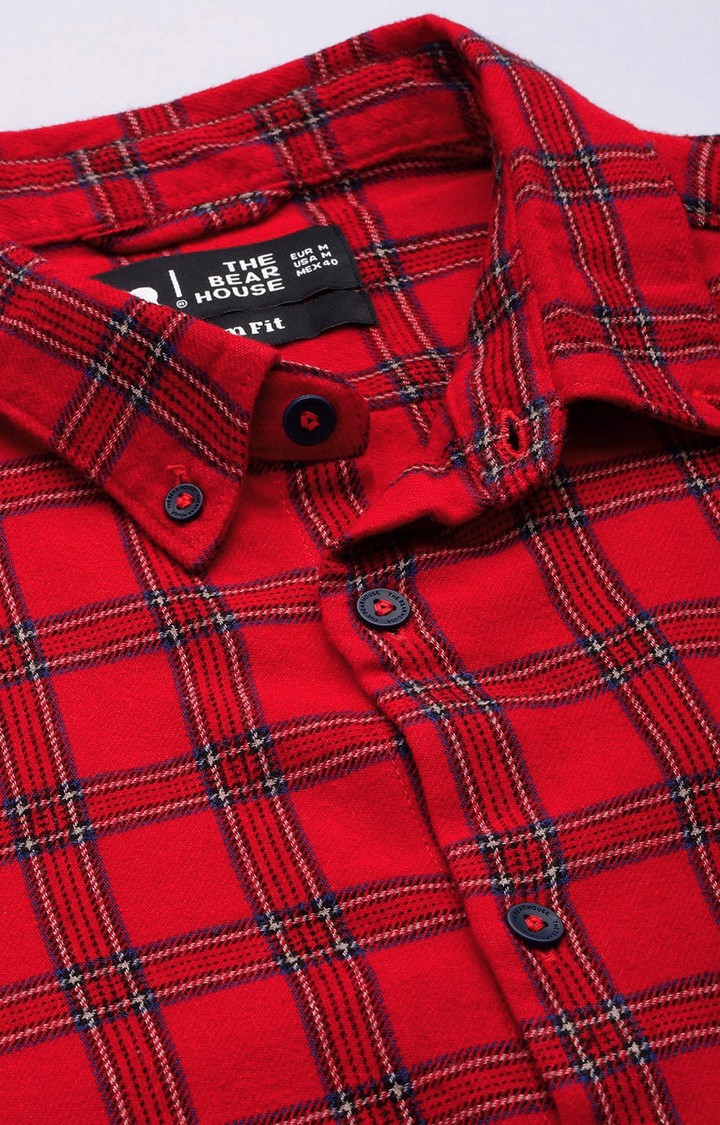 Men's Red Cotton Checked Casual Shirt