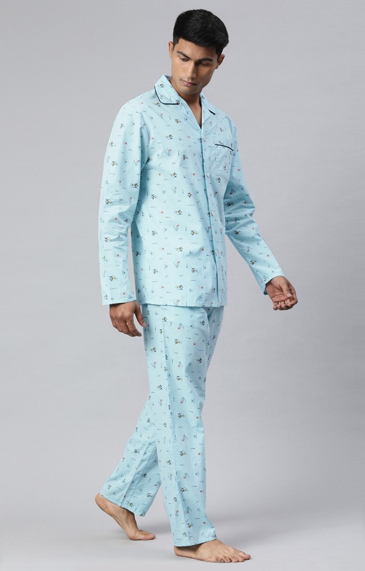 The Bear House | Men's Blue Printed Night-Suit 2