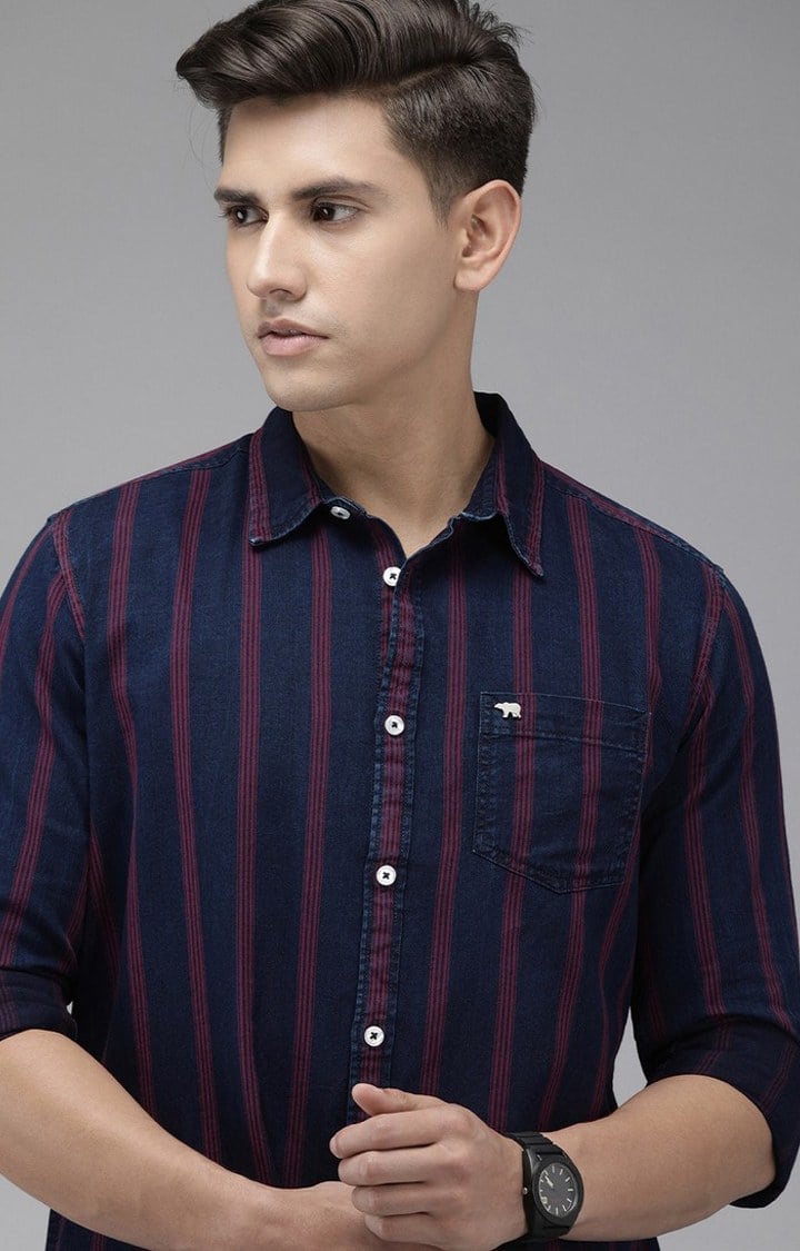 Men's Navy Cotton Striped Casual Shirt