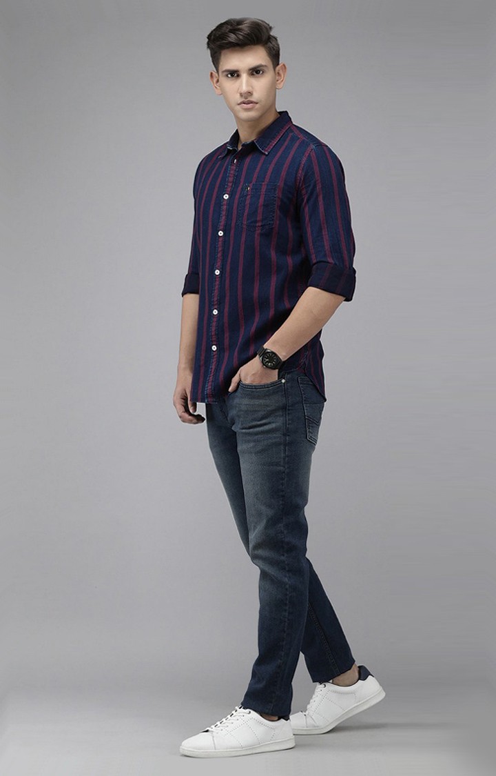 Men's Navy Cotton Striped Casual Shirt