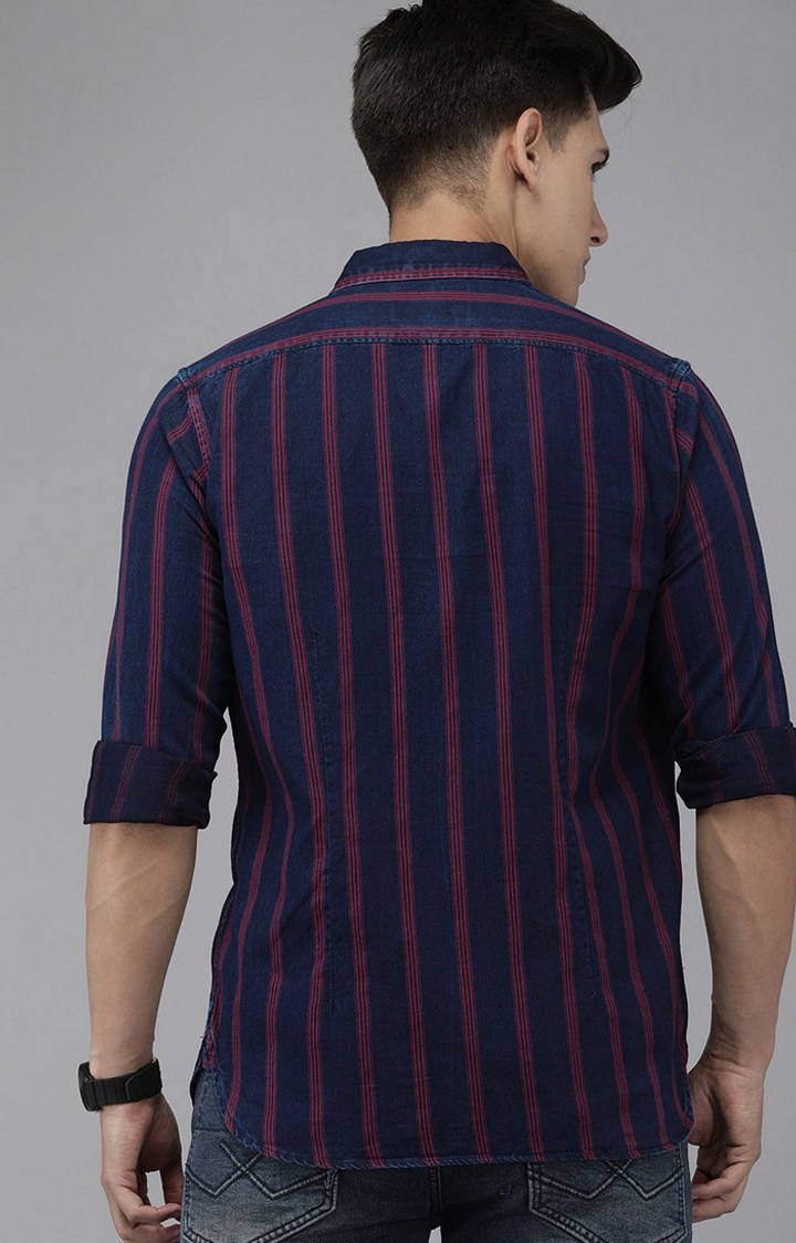 Men's Navy Cotton Striped Casual Shirt