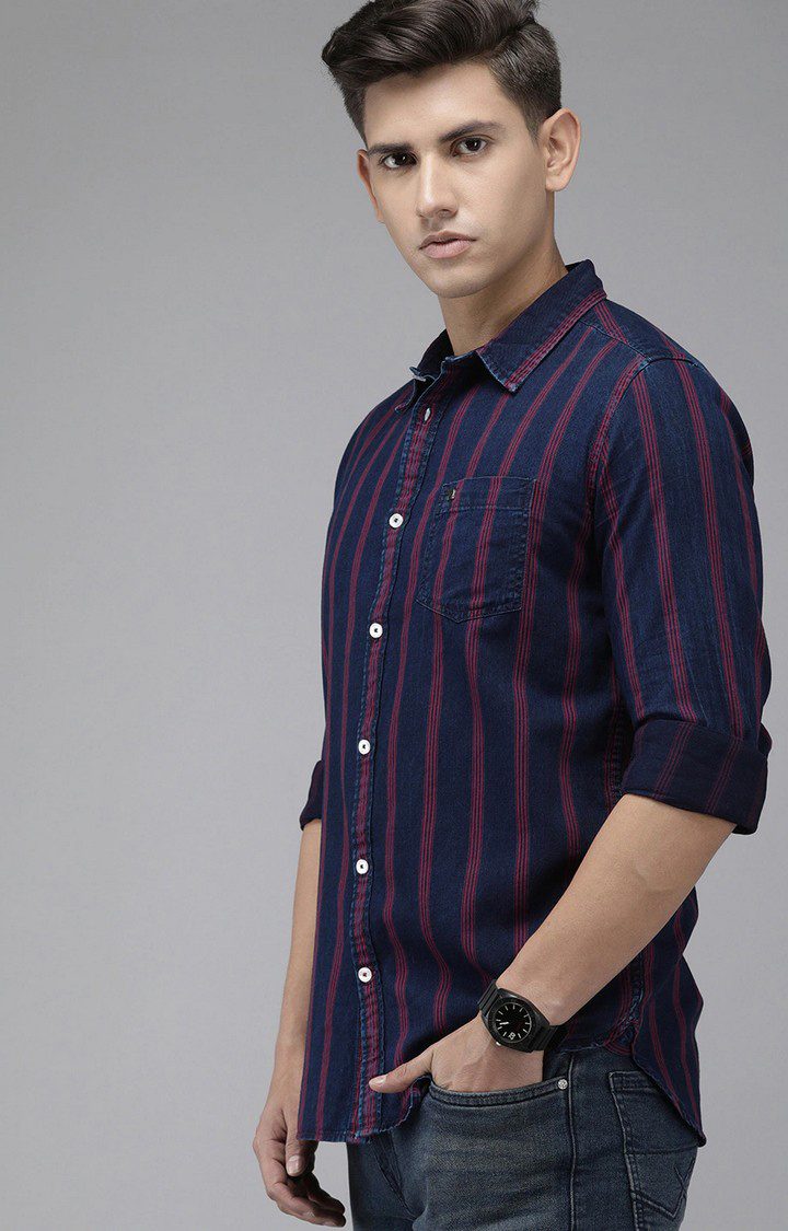 Men's Navy Cotton Striped Casual Shirt