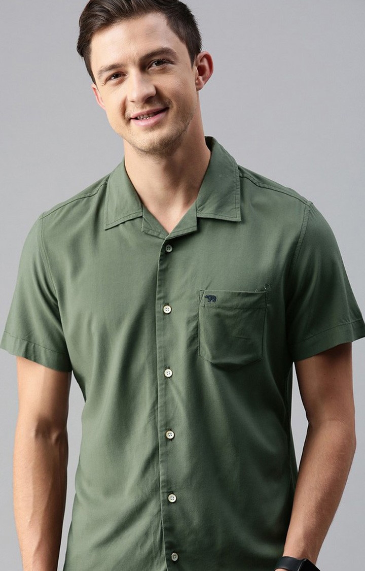 The Bear House | Men's Green Viscose Solid Casual Shirt 0