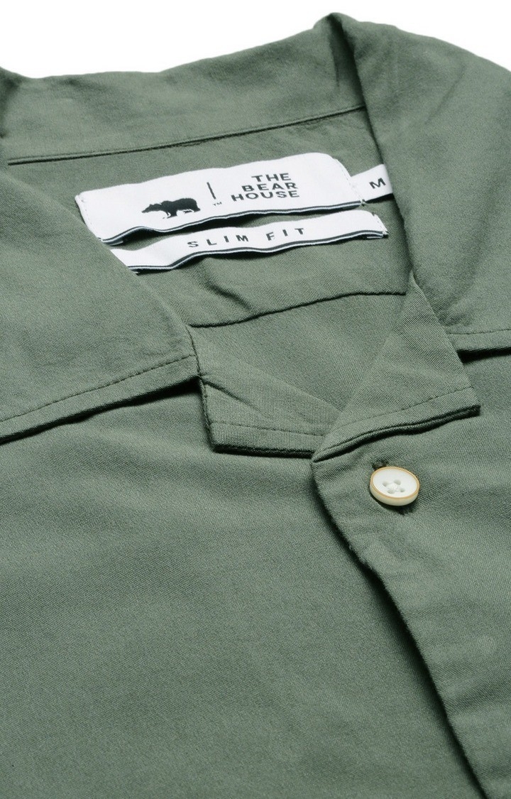 The Bear House | Men's Green Viscose Solid Casual Shirt 4