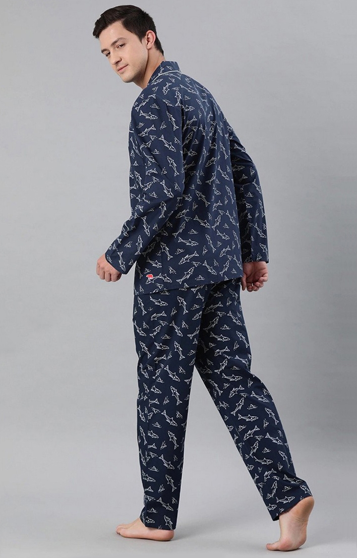 The Bear House | Men's Blue Printed Night-Suit 3