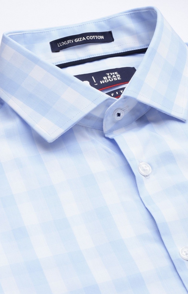 The Bear House | Men's Blue Cotton Checked Formal Shirt 4