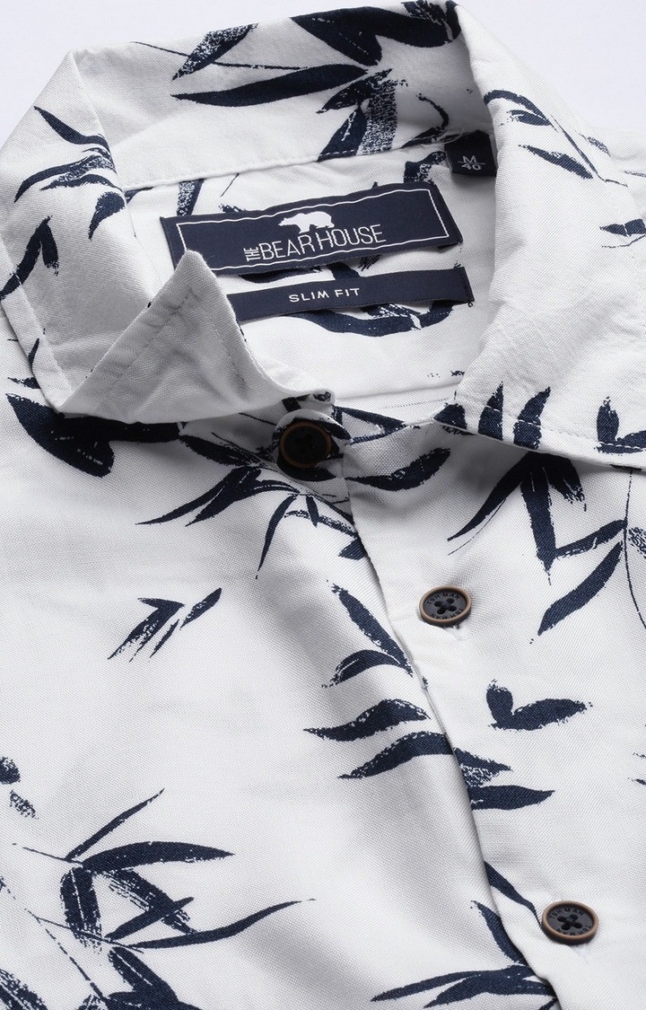The Bear House | Men's White Cotton Printed Casual Shirt 4
