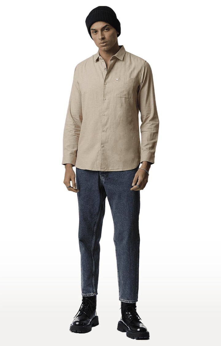 The Bear House | Men's Beige Cotton Melange Texture Casual Shirt 1