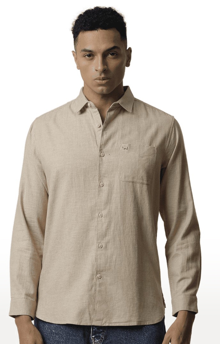 The Bear House | Men's Beige Cotton Melange Texture Casual Shirt 0