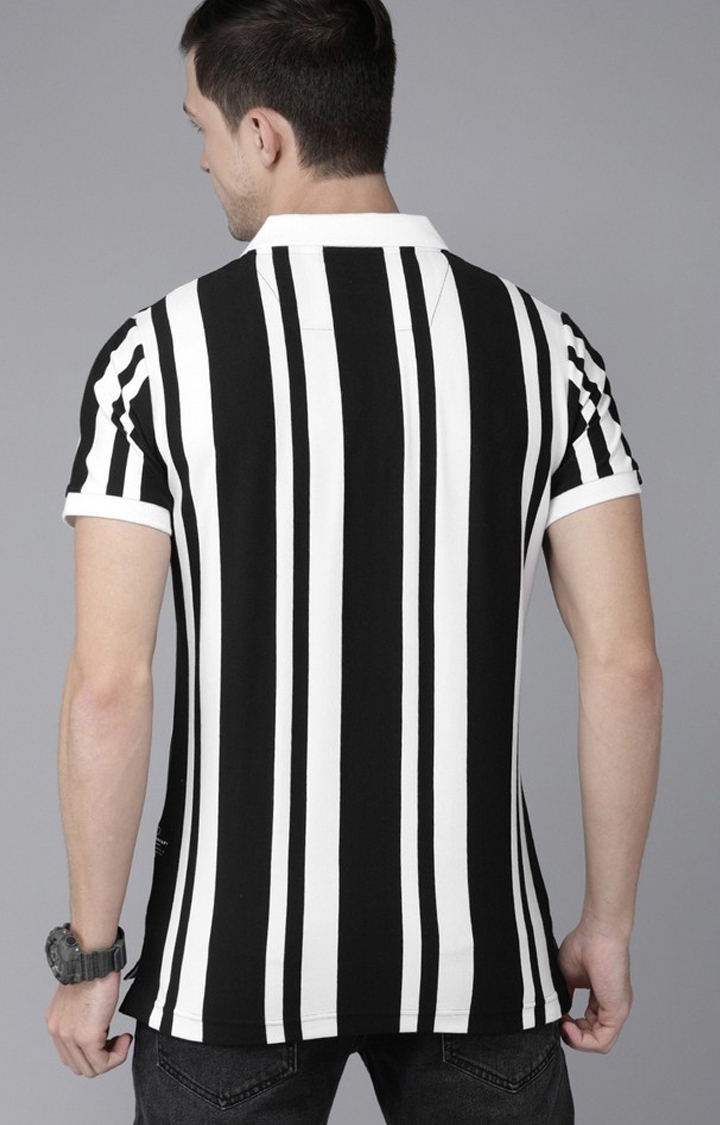 The Bear House | Men's Black and White Cotton Striped Polo T-shirt 2