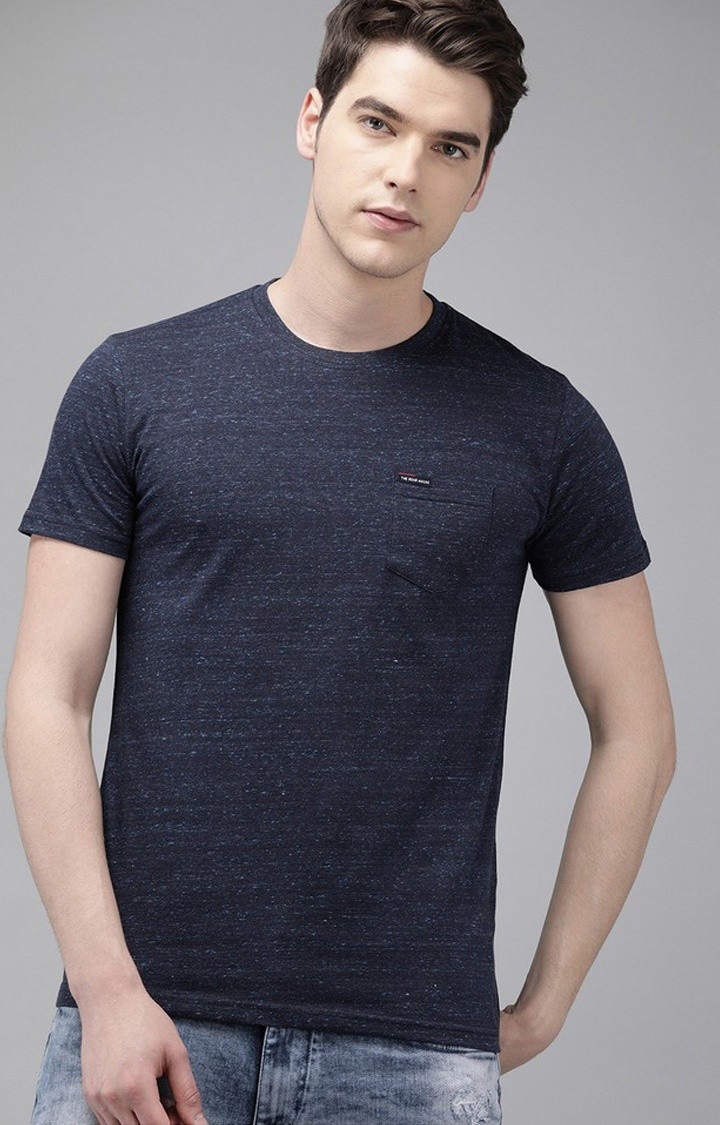 The Bear House | Men's Blue Cotton Blend Solid T-shirt 0