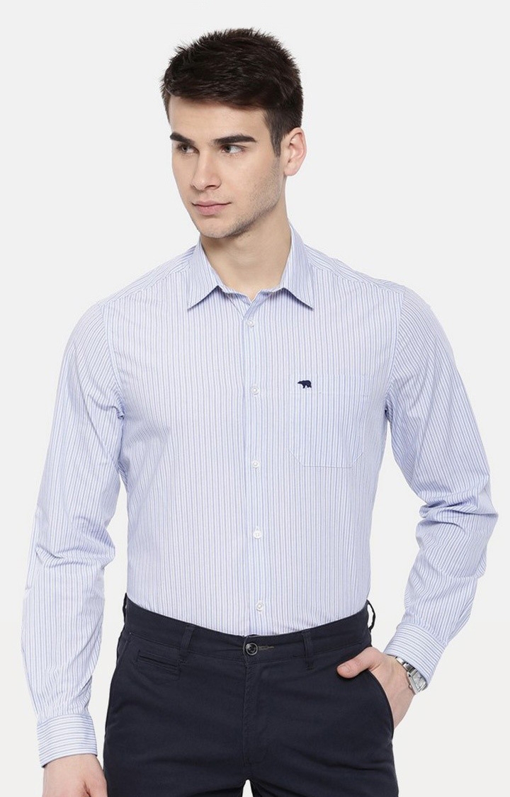 Men's Blue Cotton Blend Striped Formal Shirt