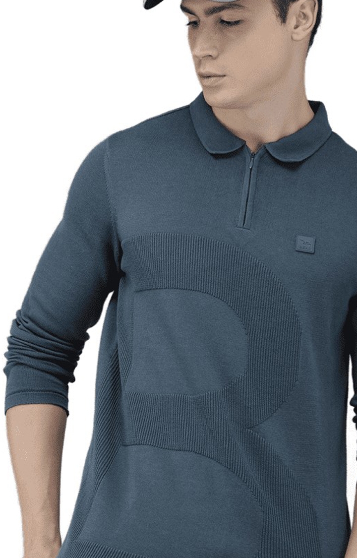The Bear House | Men's Blue Cotton Textured Polo T-shirt 3