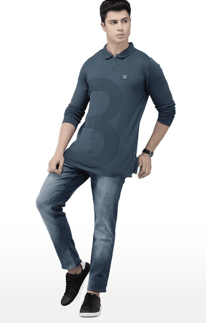 The Bear House | Men's Blue Cotton Textured Polo T-shirt 1