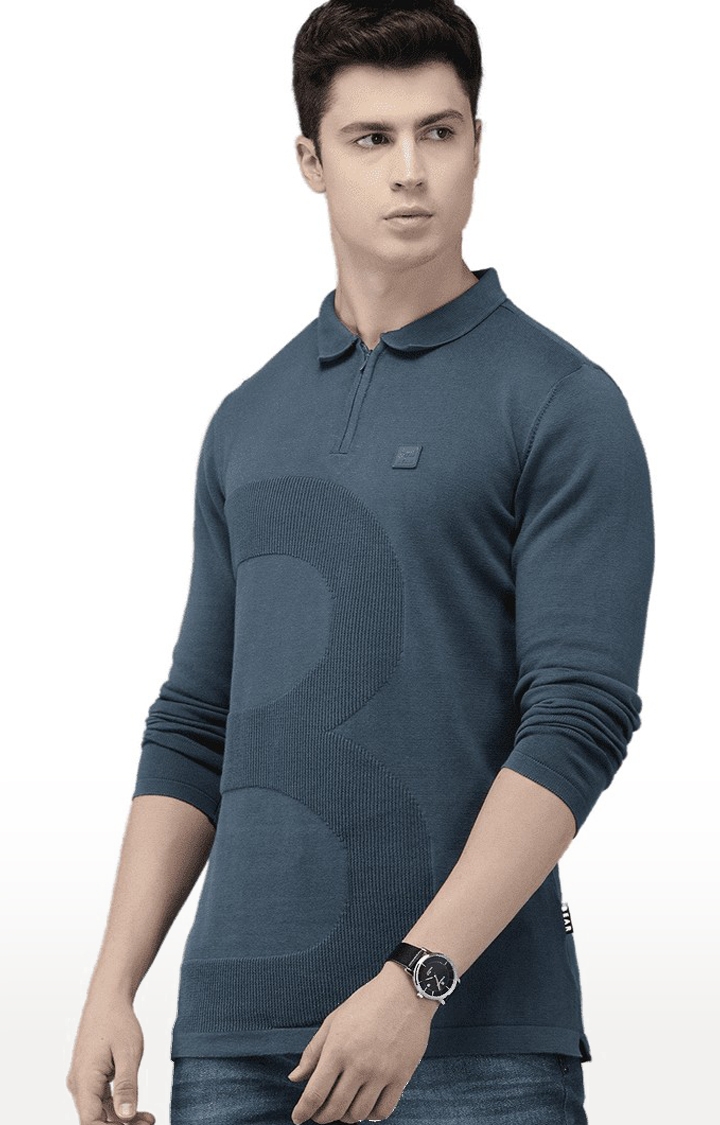 The Bear House | Men's Blue Cotton Textured Polo T-shirt 0