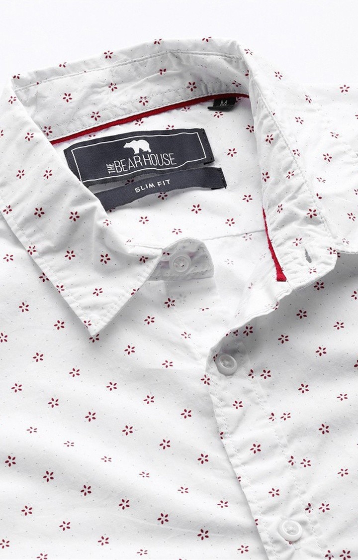 The Bear House | Men's White Cotton Printed Casual Shirt 4