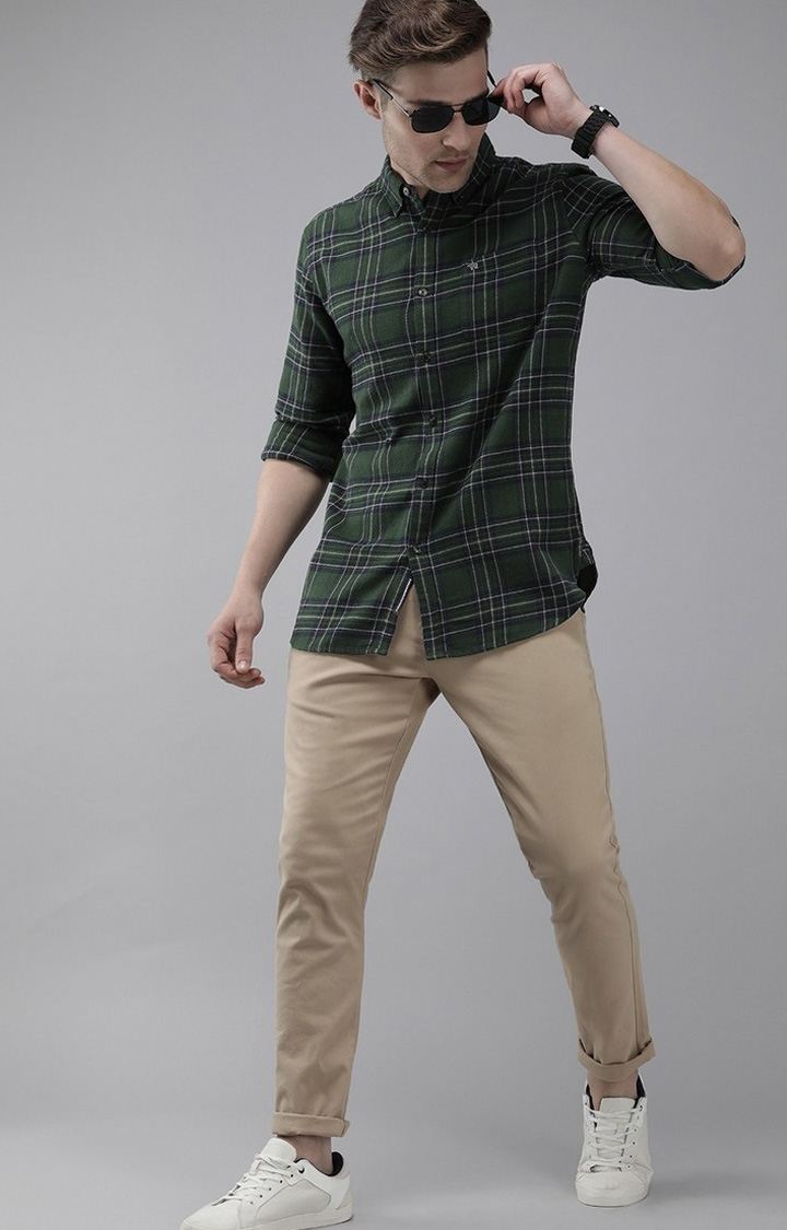 Men's Green Cotton Checked Casual Shirt