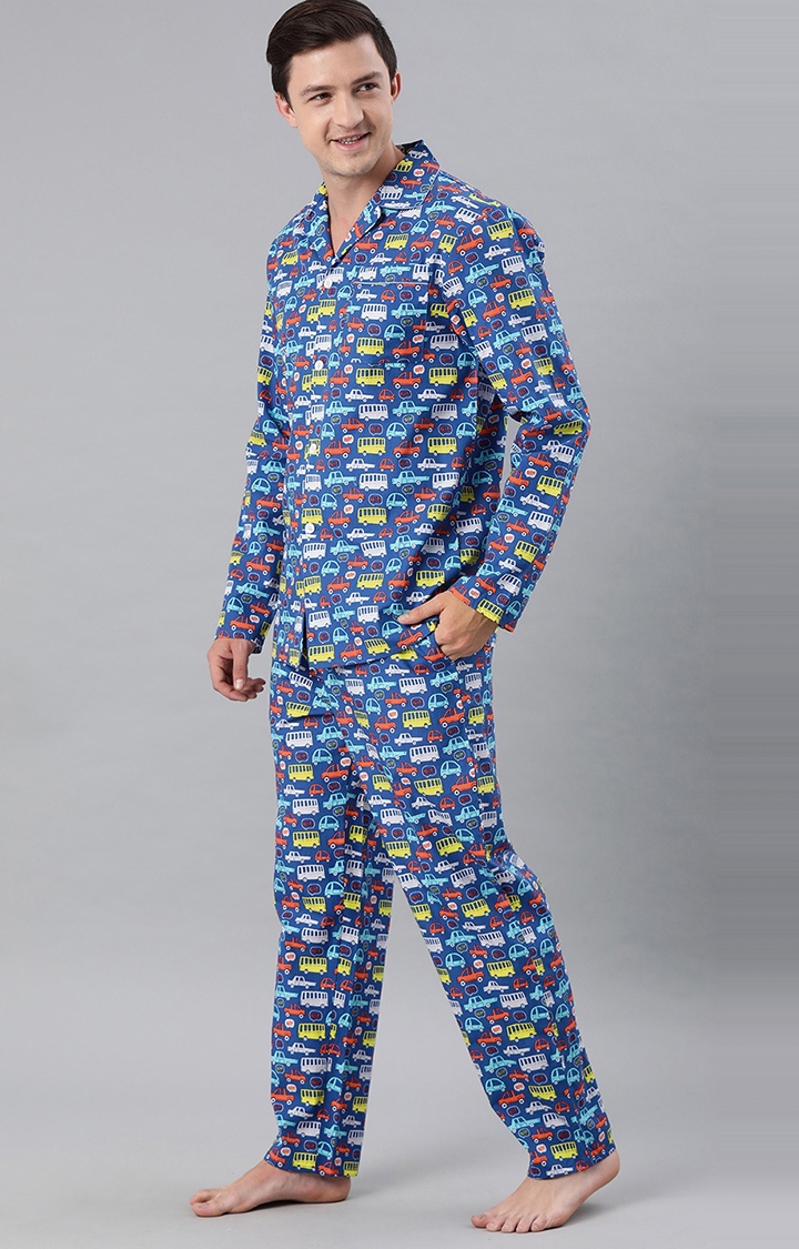 The Bear House | Men's Blue Printed Night-Suit 2