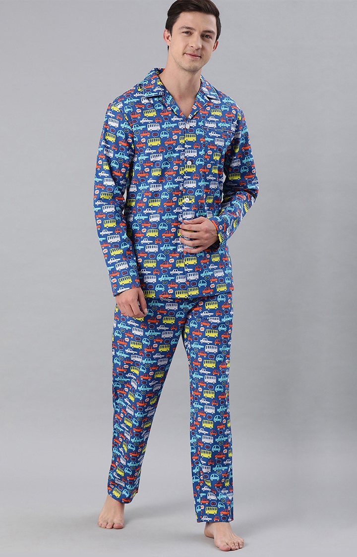The Bear House | Men's Blue Printed Night-Suit 0