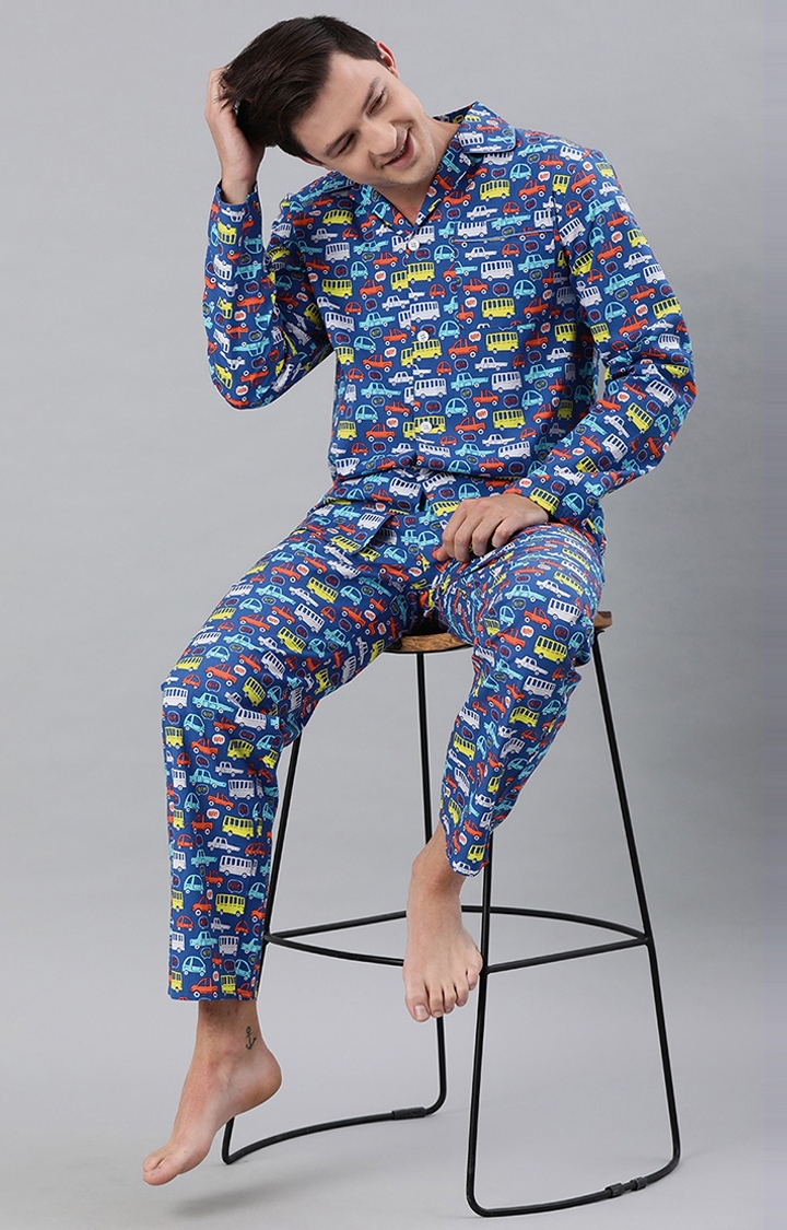 The Bear House | Men's Blue Printed Night-Suit 1