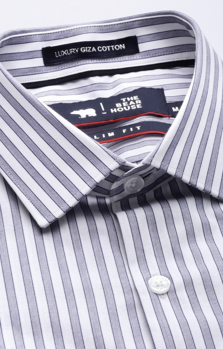 The Bear House | Men's Navy Blue and White Cotton Striped Formal Shirt 4