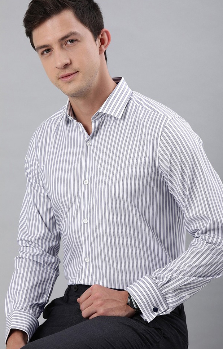 The Bear House | Men's Navy Blue and White Cotton Striped Formal Shirt 2