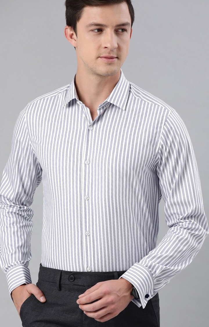 The Bear House | Men's Navy Blue and White Cotton Striped Formal Shirt 0