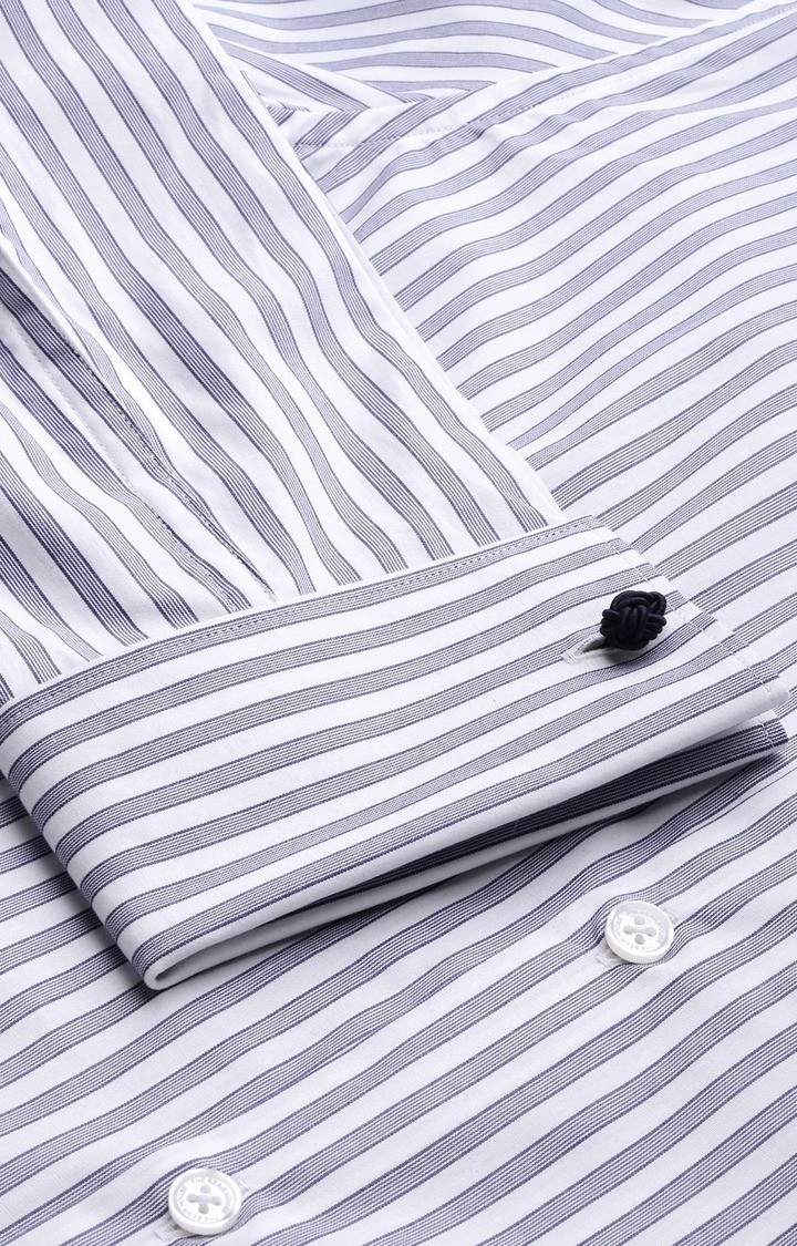 The Bear House | Men's Navy Blue and White Cotton Striped Formal Shirt 5
